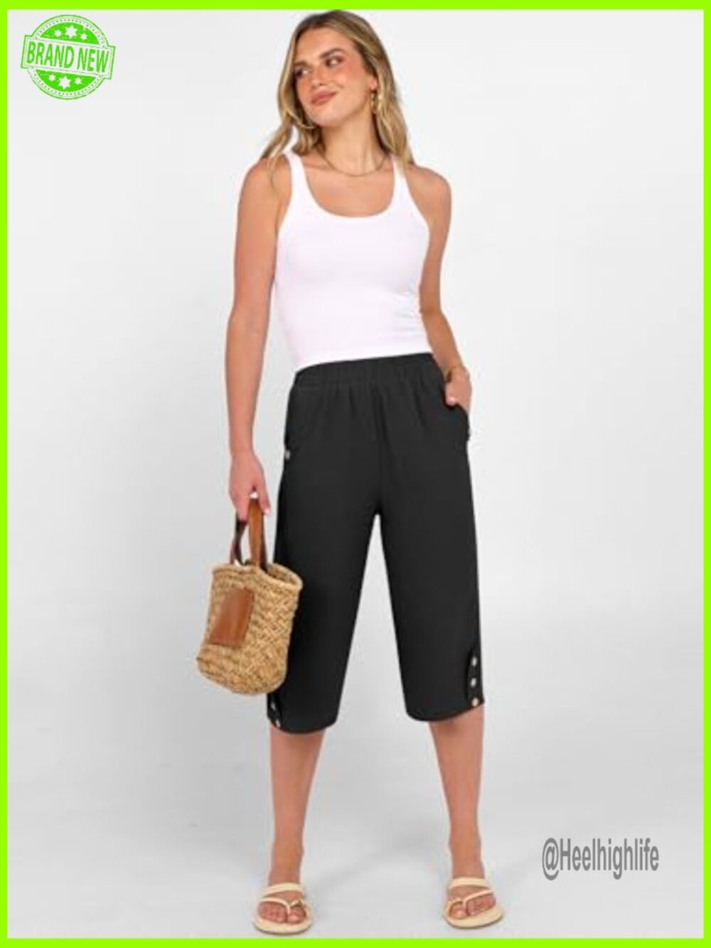 Wide Leg Capri Pants Elastic Waist Casual Loose Lounge Trousers Summer - Picture 3 of 7